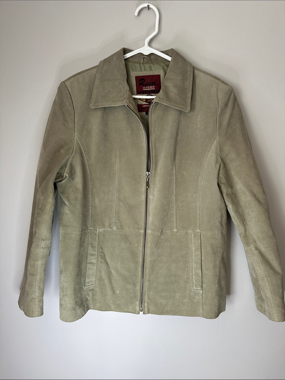 Red leather Olive Green Suede Zip Jacket size L